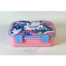 Bentopia Renkli Kedi Desenli Beslenme Kutusu - 700 ml 2 Bölmeli Taşıma Kulplu Çocuk Beslenme Kabı Pp