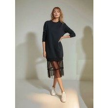 Mamayaga Kadın Eteği Tül Uzun Kol Pamuklu Spor Şık Sweat Curve Uzun Kol Büyük Beden Elbise