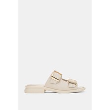 Selin Shoes Orlise Hakiki Deri Ayarlanabilir Gold Toka Detaylı Topuklu Kadın Terlik- Ekru