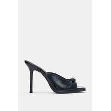 Selin Shoes Norisse Küt Burun Toka Aksesuar Topuklu Kadın Terlik- Siyah