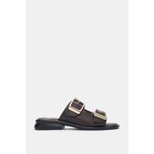 Selin Shoes Orlise Hakiki Deri Ayarlanabilir Gold Toka Detaylı Topuklu Kadın Terlik- Kahverengi