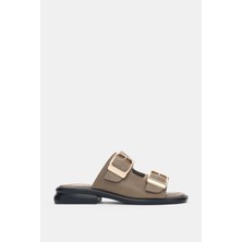 Selin Shoes Orlise Hakiki Deri Ayarlanabilir Gold Toka Detaylı Topuklu Kadın Terlik- Vizon