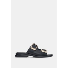 Selin Shoes Orlise Hakiki Deri Ayarlanabilir Gold Toka Detaylı Topuklu Kadın Terlik- Siyah