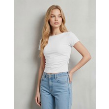 Broco Kayık Yaka Yanı Büzgülü Crop T-Shirt