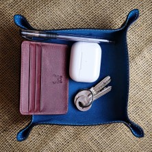 Skygo Trevi - Hakiki Deri Organizer Tepsi – Katlanabilir Masa Düzenleyici (13,5 × 13,5 Cm), Zar Tepsisi Ofis Aksesuarı & Hediye (Lacivert)