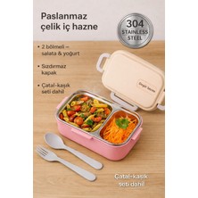 Feyza Design Sağlıklı Çelik Beslenme Kabı 2 Bölmeli, Çatal Kaşıklı, Hava Kilitli, Mikrodalga Uygun