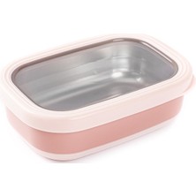 Feyza Design Paslanmaz Çelik Pembe Dikdörtgen Yemek Saklama Kabı 470ML