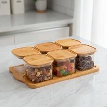 Skygo 6'lı Bambu Kapaklı Cam Kahvaltılık ve Kuruyemişlik, 13 Parça Tepsili Çerezlik Seti, Vakumlu Kapak (28CM-19CM-8CM)