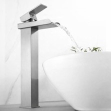 Rena Design Inox Çanak Lavabo Bataryası Şelale Çıkış Yüksek Havza Model Uzun Çift Giriş Musluk Banyo Mat Gri