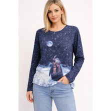 Mamayaga Kadın Bisiklet Yaka Uzun Kol Dijital Baskı Penguenli Pamuk Basic T-Shirt