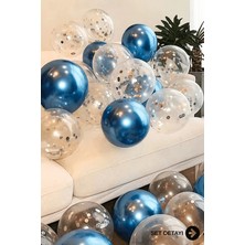 Feyza Design 30 Adet Mavi ve Gümüş Konfetli Şeffaf Balon Seti