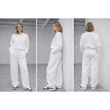 Kaktüs Moda Kadın Beyaz Basic Eşofman Altı Rahat Kalıp Günlük Jogger 3 Iplik