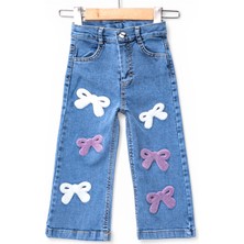 Mini Trends Kız Çocuk Pantolon Denim Fiyonk Nakışlı Mavi