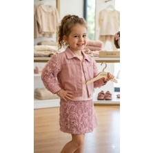 Ecolkız Kız Çocuk Özel Tasarım Gül Nakışlı Takım - Pembe Kot Ceket & Şık Etek Kombini