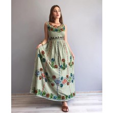 Fibula Otantik ve Bohem Işlemeli %95 Pamuk Standart Beden Ithal Maxi Elbise 36-46 Bedeler Arası Olur