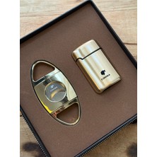 Feyza Design Şık Golden Renk Puro Kesici ve Çakmak Seti, Zarif Tasarım