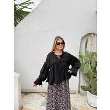 Cardella Floss Viskon Dökümlü Fırfırlı Oversize Kadın Gömlek Bluz