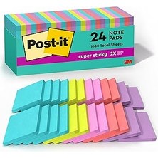 Starseven Post-It Süper Yapışkan Notlar, 24 Not Defteri, 3x3 Inç, 2 x Yapıştırma Gücü, Okul Malzemeleri Of