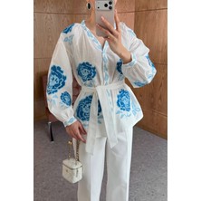 BRTC Design Kadın Mavi Çiçek Nakışlı Balonkol Gömlek