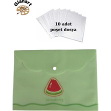 Glanart A4 Boy Çıt Çıt  Ödev Dosyası +10\' Lu Poşet Dosya  Pastel Renkler Yeşil Karpuz Desen