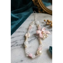 My Balli Store Pembe ve Beyaz Boncuklu Telefon Bilek Askı Zinciri, Saten Kurdele Fiyonk Detaylı, Inci ve Kristal Boncuk