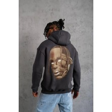 Tarz Yeri Erkek Kordonlu Arka Maske Kordon Saçlı Üç Iplik Pamuklu Kapüşonlu Sweatshirt - Füme