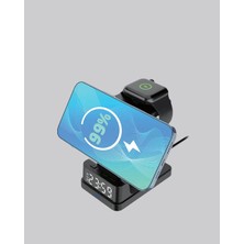 GIGA Kablosuz Şarj Cihazı ve Dijital Saat – 4’ü 1 Arada Hızlı Şarj, Apple Uyumlu, LED Işıklı