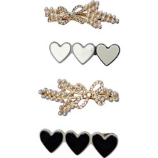 Spteks Kadın Incili Taşlı Kelebek Model Sıralı Kalp Model Siyah Beyaz Renk 4 Lü Set Metal Pens Toka