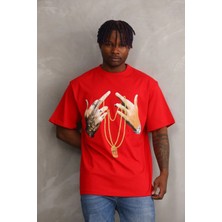 Tarz Yeri Erkek Baskılı T-Shirt Kısa Kol Bisiklet Yaka Rahat Kalıp Tişört - Kırmızı