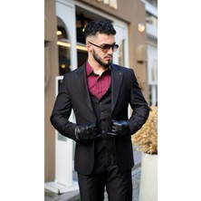 Dupont Siyah Slim Fit Sivri Yaka Yelekli Takım Elbise