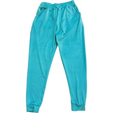 Parlak Kadife Cepli Pantolon Eşofman Pijama Altı Unisex Lastikli Paça Yeşil