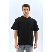 Tarz Yeri Erkek Oversize Düz Bisiklet Yaka  kısa Kol T-Shirt - Siyah