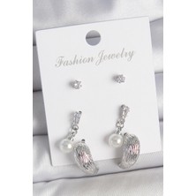 Pirinç Gümüş Renk Sallantılı Zirkon Taşlı Damla Model 3 Çift Kadın Küpe Seti - Lisinya