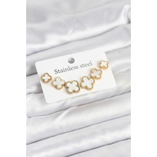 316L Çelik Gold Beyaz Renk 3 Boy Yonca Küpe Seti - Lisinya