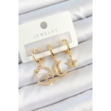 Pirinç Zirkon Taşlı Yıldız ve Ay Model Gold Renk 3'lü Kadın Küpe Set - Lisinya