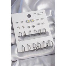 Pirinç Gümüş Renk Papatya Detaylı 12 Çiftli Kadın Küpe Seti - Lisinya