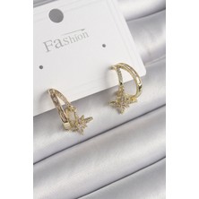 Pirinç Gold Renk Zirkon Taşlı Halka Model Yıldız Detay Kadın Küpe - Lisinya