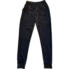 Parlak Kadife Cepli Pantolon Eşofman Pijama Altı Unisex Lastikli Paça Siyah