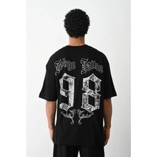 Tarz Yeri Eekek Baskılı Oversize Kısa Kol  T-Shirt - Siyah