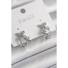 Pirinç Gümüş Renk Zirkon Taşlı 2'li Çiçek Model Kadın Küpe - Lisinya