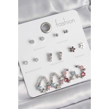 Pirinç Gümüş Renk Zirkon Taşlı Damla Model Çiçek Detay 7 Çift Kadın Küpe Seti - Lisinya