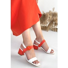 Year Beyaz Cilt Turuncu Detaylı Topuklu Ayakkabı - Lisinya