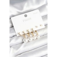 Gold Renk Zirkon Taşlı Pirinç Incili 925 Ayar Gümüş Çivili Küpe Seti - Lisinya