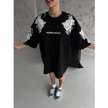 Kadın Baskılı Ovarsize  kısa Kol T-Shirt - Siyah