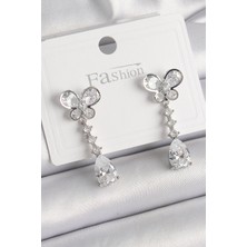 Pirinç Gümüş Renk Kelebek Model Sallantı Damla Zirkon Taşlı Kadın Küpe - Lisinya