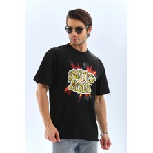 Tarz Yeri Erkek Oversize Ön ve Arka Baskılı Bisiklet Yaka  kısa Kol T-Shirt - Siyah