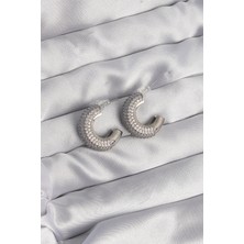 Pirinç Gümüş Renk Zirkon Taşlı Yarım Halka Küpe - Lisinya