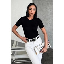 Rahat ve Şık Kısa Kollu Bisiklet Yaka Likralı Viskon Penye Body Siyah ( Lisinya )