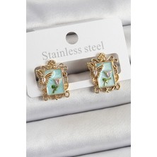 Pirinç Yeşil Mineli Sanatsal Portre Model Gold Renk Kadın Küpe - Lisinya