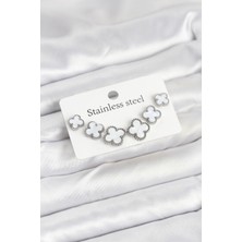 316L Çelik Gümüş Beyaz Renk 3 Boy Yonca Küpe Seti - Lisinya